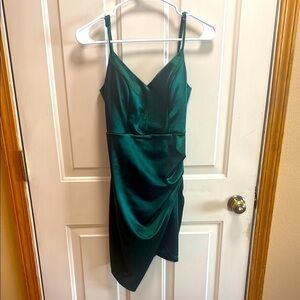 Elegant Green Satin Look Mini Slip Dress Asymmetrical hem size S